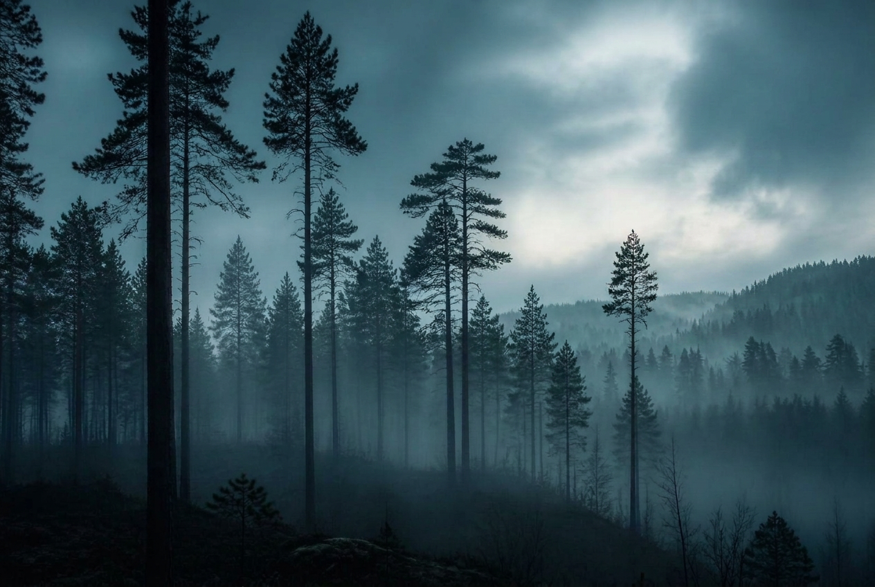 Pine forest in mist